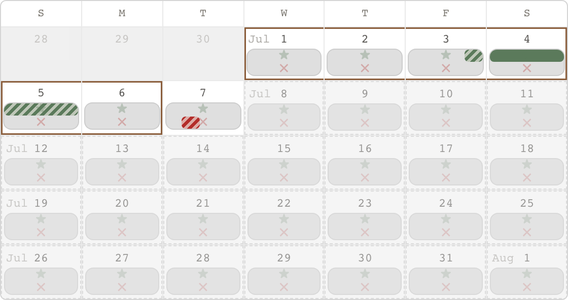 Month calendar with per-day availability