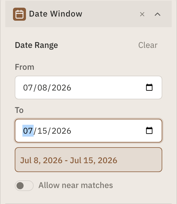 Date Range filter set to a window for trade research