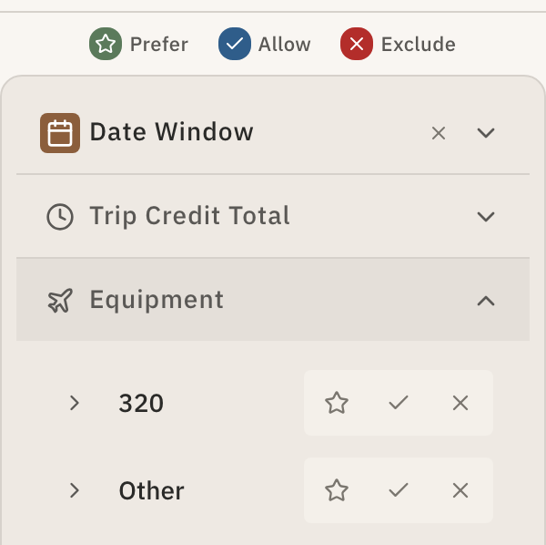Prefer, Allow, and Exclude controls on a filter